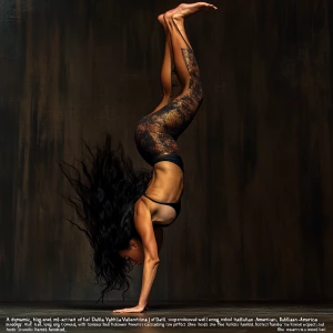 “A dynamic, high-energy mid-action portrait of Dahlia Valentina...