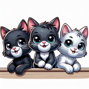 Three mischievous cats sitting on a ledge, looking at the camera...