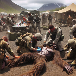 Mt St Hellens military camp with army men attending ti hurt huma...