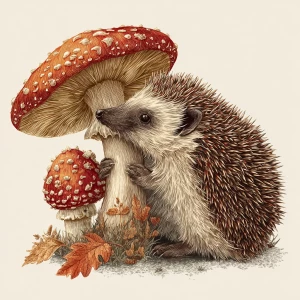 Detailed hedgehog with textured mushroom, classic illustration s...