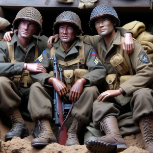 3 world war two soldiers sitting together in a foxhole