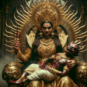 portrait of extremely angry looking goddess durga sitting on a gold crown and carrying a weak mahishasur on her lap and poking him with her amazingly long red fingernails. She is wearing gold armor, a huge gold crown, gold saree, abundant  gold jewelry, covered in blood. The scene is set in ancient India. The image is 8K resolution, cinematic, photography, ultra detailed face and epic.