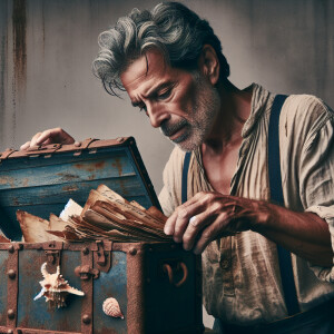 An old fisherman opens a chest covered with shells, which contai...