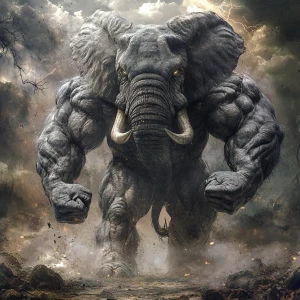 A colossal, gray elephant standing in a mystical, ancient forest...
