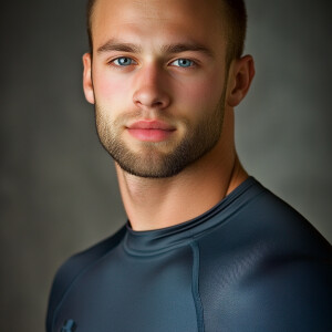 Create a body portrait image of a 20 year old man who’s balding...