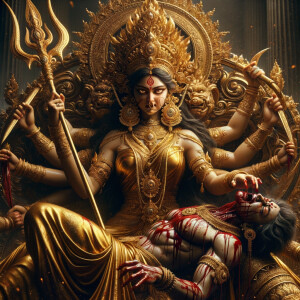 portrait of angry looking goddess durga sitting on a gold crown and carrying a weak mahishasur on her lap and stabbing him with her amazingly designed trident. She is wearing gold armor, a huge gold crown, gold saree, abundant  gold jewelry, covered in blood. The scene is set in ancient India. The image is 8K resolution, cinematic, ultra detailed face and epic.