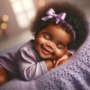 An adorable African American baby with a joyful expression, sleeping soundly and smiling. The baby has curly black hair adorned with a purple bow, and is wearing a snug, short-sleeved purple onesie. The baby rests on a soft, lavender blanket that provides a cozy atmosphere. In the background, there is a gentle bokeh effect with warm, glowing lights, evoking a peaceful and dreamy scene.