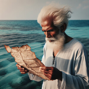 An old fisherman stands by the sea and reads old notes on paper