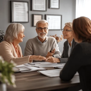 Create a cozy and professional scene where an elderly couple dis...