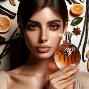 Young woman holding up-close of his face a bottle of perfume. He...