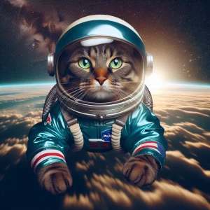 A green eyed tabby cat with a serious expression is dressed like...