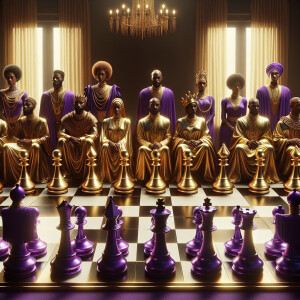 3-D realistic oil, painting, Oh a gold, and purple human chessbo...