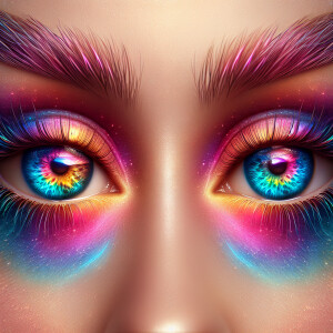 multicolored eyes, prominently featuring shades of blue, pink, a...