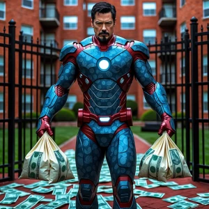 Ironman wearing a blue paisley print armored suit, holding bags of money in each hand, money scattered around him,red brick apartment complex in the background surrounded by a iron black metal gate