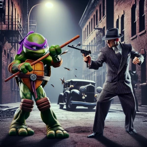 Me an image of a gangster fight ninja turtle Donatello