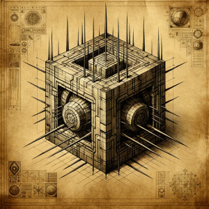 Aged parchment blueprint for a realistic cube with pointy poles...