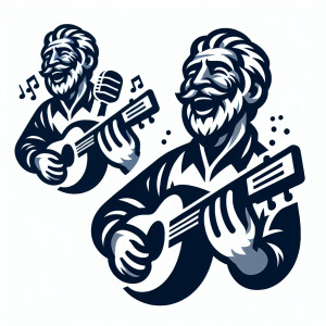 Happy old man playing guitar and singing with goatee