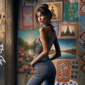 Athletic Thin skinny Attractive, Asian teenage girl, long brown hair and bangs, wearing tight skinny jeans and a halter top paint marks on her clothing, heroic pose Asian graffiti background, backside view