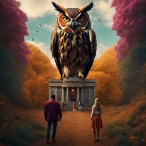 A 25-foot owl towering over humans