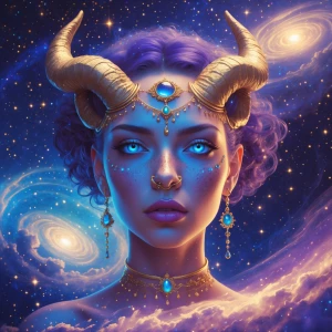 Create an image of a Taurus goddess with blue eyes and head & no...