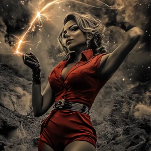 A female extraterrestrial character wielding a cosmic whip compo...
