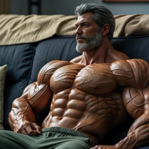 The image shows a muscular bodybuilder man lying on a couch, app...