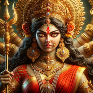 Portrait of goddess durga with athletic body, big breasts, red saree, holding trident, gold jewelry all over body, huge gold crown, photography, ultra detailed face, UHD, 8K