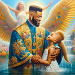 An oil painting depicting a light-skinned African-American pasto...