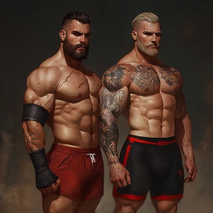 Create an image of two men: The first, a muscular man with a bea...