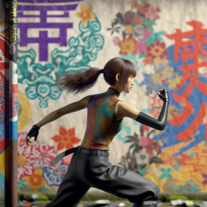 Athletic Thin skinny Attractive, Asian teenage girl, long brown hair and bangs, wearing tight skinny jeans and a halter top paint marks on her clothing, heroic pose Asian graffiti background, backside view