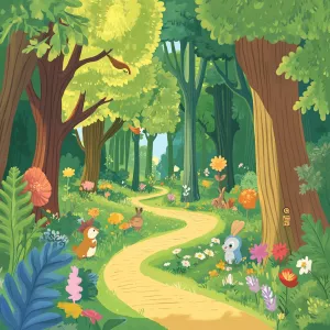 Generate a cartoon-style image of a vibrant forest filled with w...
