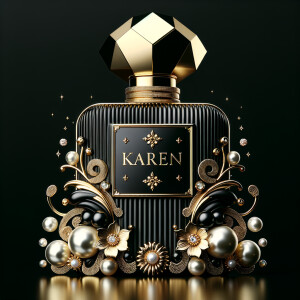 Design a fancy, black and gold bottle of perfume in the shape of a woman’s body. With a golden diamond top, flowers pearls and Diamonds in the name, Karen