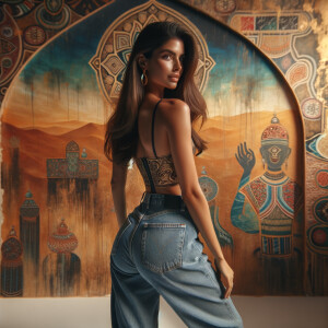 Athletic Thin skinny Attractive, Asian teenage girl, long brown hair and bangs, wearing tight skinny jeans and a halter top paint marks on her clothing, heroic pose Asian graffiti background, backside view