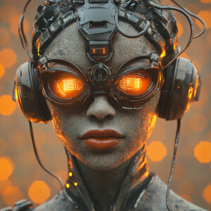 Close-up portrait of a futuristic female cyborg with a weathered...