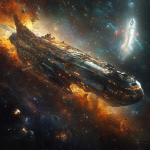 Design an enormous, otherworldly spaceship trapped between dimen...