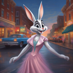 Anthropomorphic looney tunes bugs bunny as beautiful prom Queen...