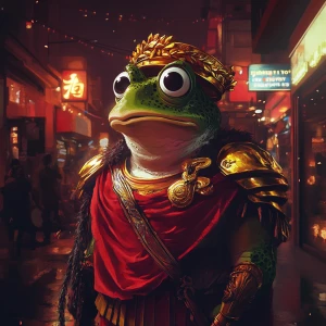 Pepe the Frog dressed as an ancient Roman emperor, wearing a gol...