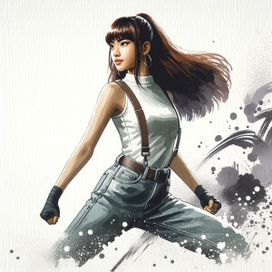 Athletic Thin skinny Attractive, Asian teenage girl, long brown hair and bangs, wearing tight skinny jeans and a halter top paint marks on her clothing, heroic pose Asian graffiti background, side view