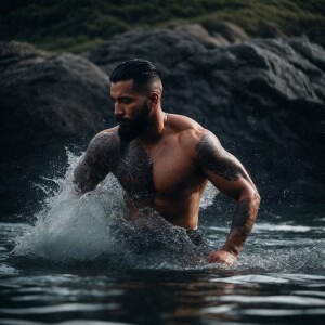 The image features a muscular man with an extensive tattoo cover...