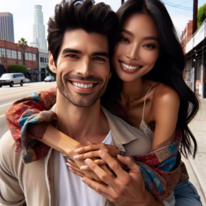 Handsome Mexican man holding Beautiful Filipina woman. She has b...