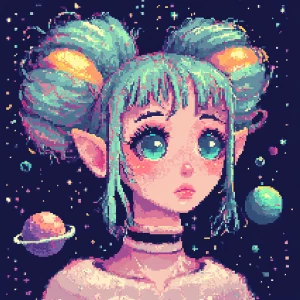 Create a 16-bit pixel art image of an alien girl with cosmic-the...