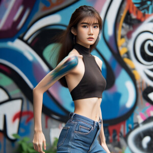 Very thin Athletic Thin skinny Attractive, Asian teenage girl, long brown hair and bangs, wearing tight skinny jeans and a halter top paint marks on her clothing, heroic sideways pose Asian graffiti background