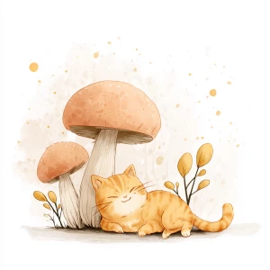 Orange cat stretching lazily under mushroom, kawaii style, soft...
