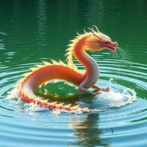 "In the heart of a tranquil lake, a magnificent water dragon eme...
