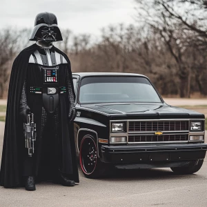 Darth Vader stands imposingly beside a 1986 Chevrolet C10, custo...