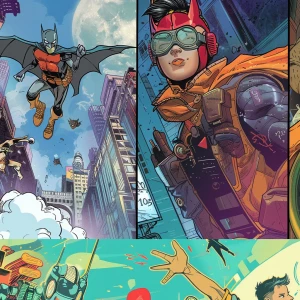 Collage-style comic: 1) Superhero battling a robot in a splash p...