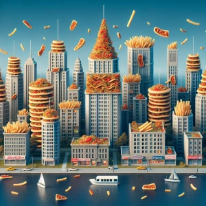 Create an 8K UHD hyper-realistic 3D cityscape where every buildi...