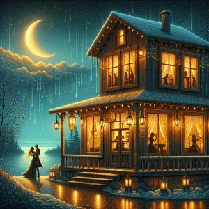 Illustrate a rustic wooden café on a serene, rainy evening with...