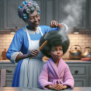 Create a realistic 3-D image of an african-American grandmother wearing a blue house dress and a white apron . She is in the kitchen with her african-American granddaughter. Her granddaughter is wearing a pink bath robe. The grandmother has a hot comb in her hand and she is straightening her granddaughters hair. One side of her granddaughters hair is in  a Afro the other straight 
There is smoke coming from the hot comb
The granddaughter is making a face