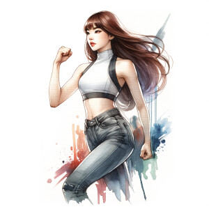 Athletic Thin skinny Attractive, Asian teenage girl, long brown hair and bangs, wearing tight skinny jeans and a halter top paint marks on her clothing, heroic pose Asian graffiti background, side view